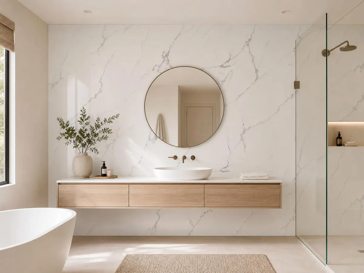 Lámina PVC mármol Blanco Classic aplicado en baño