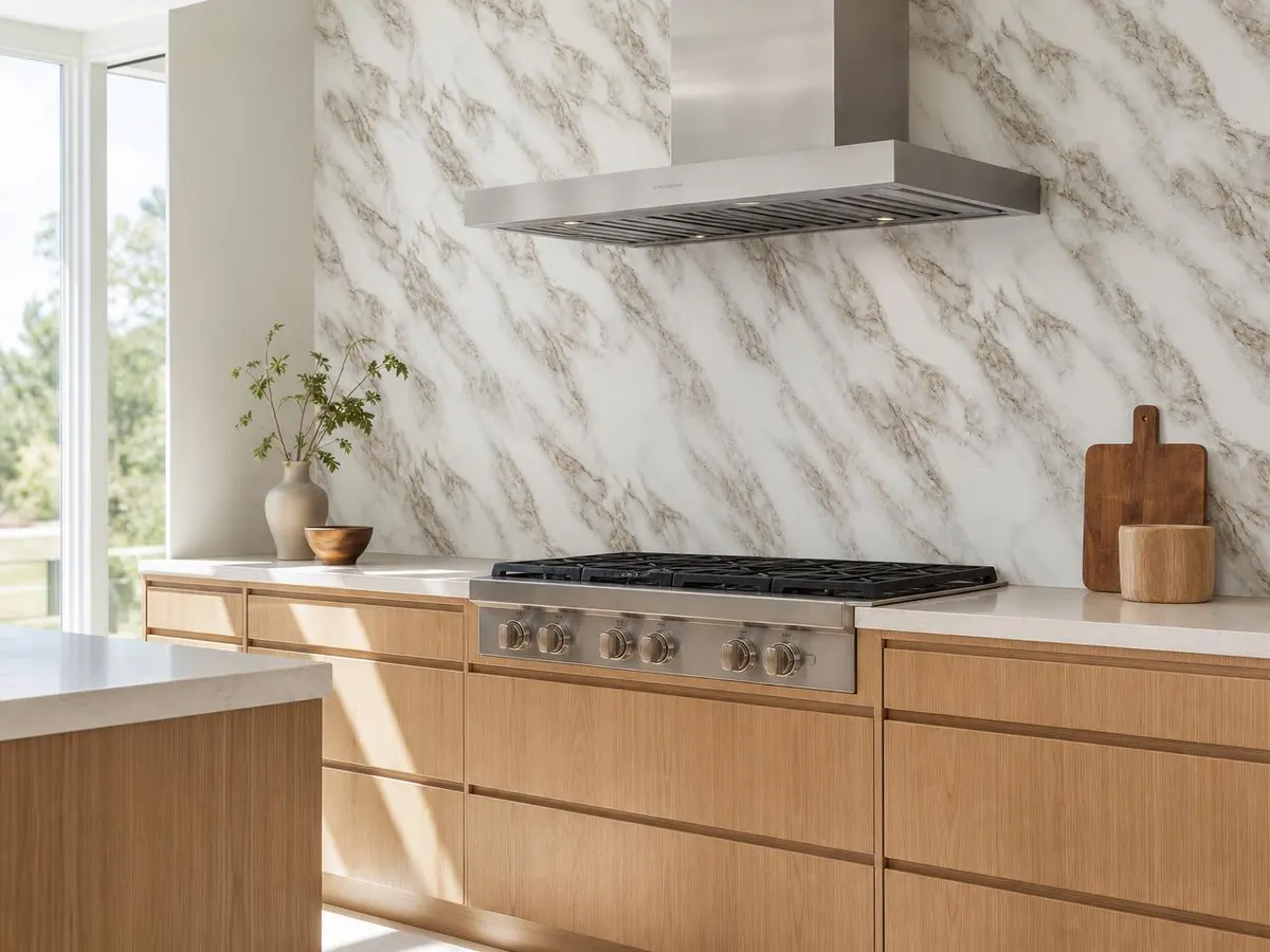 Lámina PVC mármol Blanco Ocre aplicado en cocina