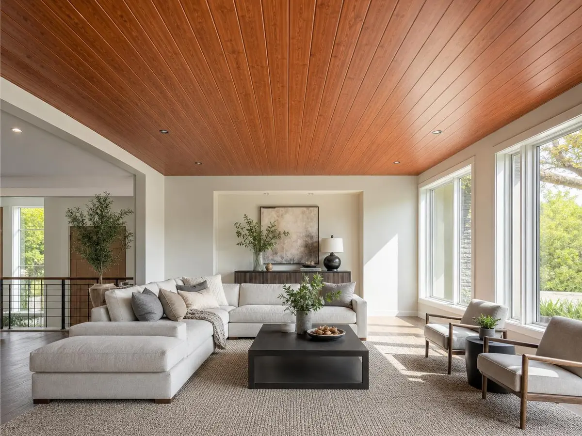 Cielo PVC Roble aplicado en living