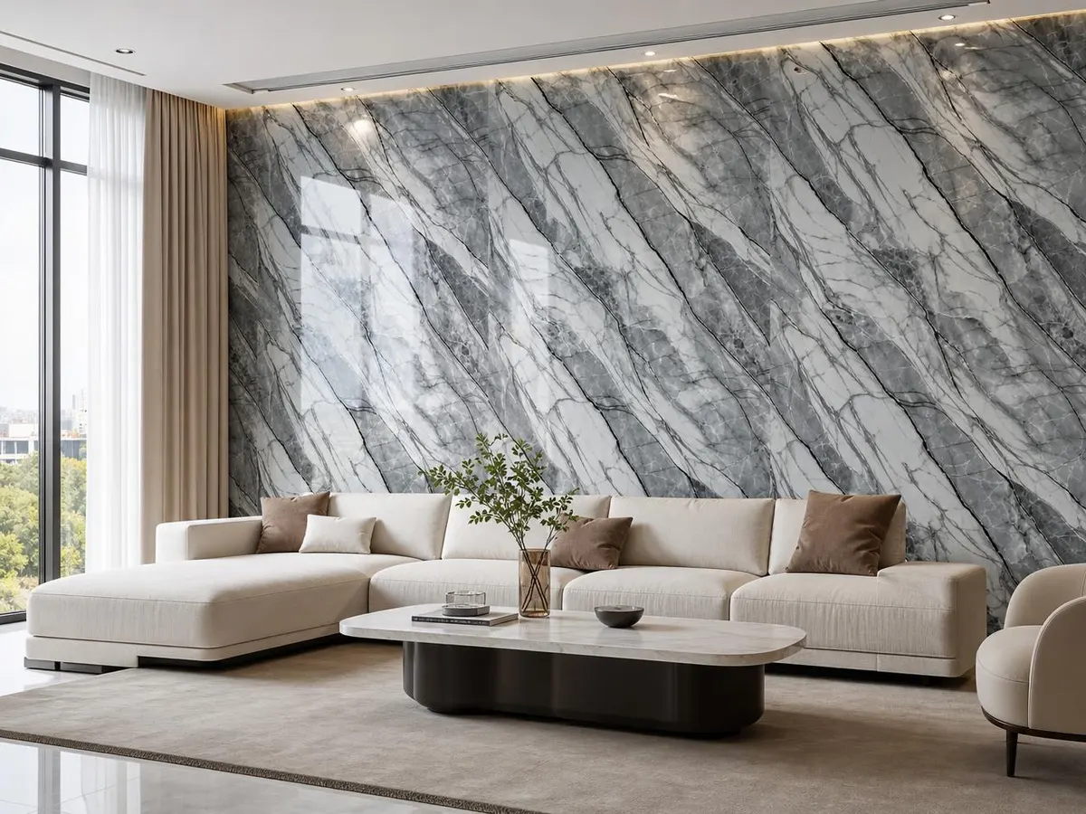 Lámina PVC mármol Gris Claro aplicado en living